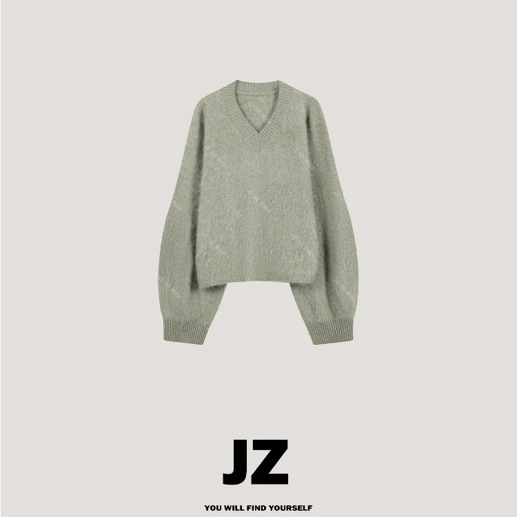 金子/JZ SO MUCH【绿巧克力】100%羊毛拉毛V领插肩袖羊毛毛衣