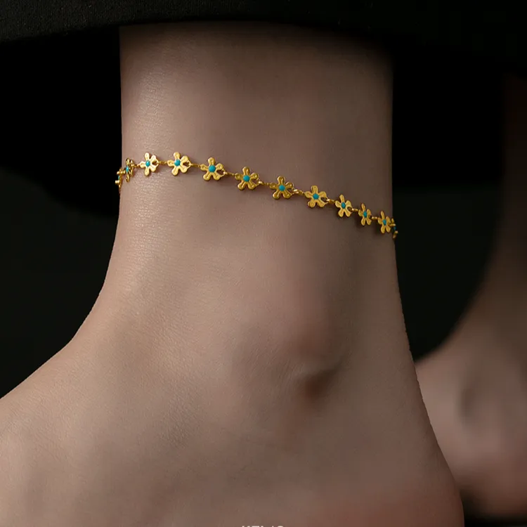 钛钢脚链 太阳花雏菊2025新款夏时尚花朵脚链女小众滴釉设计足链 