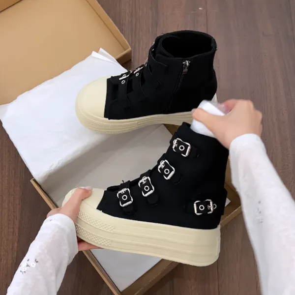 黑色圆头厚底增高休闲高帮板鞋女2025新款春秋港风高级感帆布鞋子