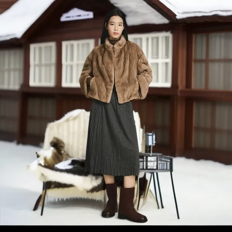 诗篇专选经典奢华立领短款水貂外套整貂皮草2025冬季新款