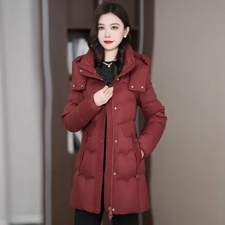 韩版中长款连帽棉服女2025冬季新款妈妈装纯色修身显瘦保暖棉袄潮