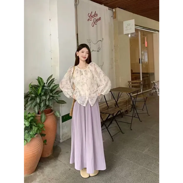 1135031-XH春夏季新款韩版宽松显瘦圆领刺绣上衣松紧腰长裙套装女