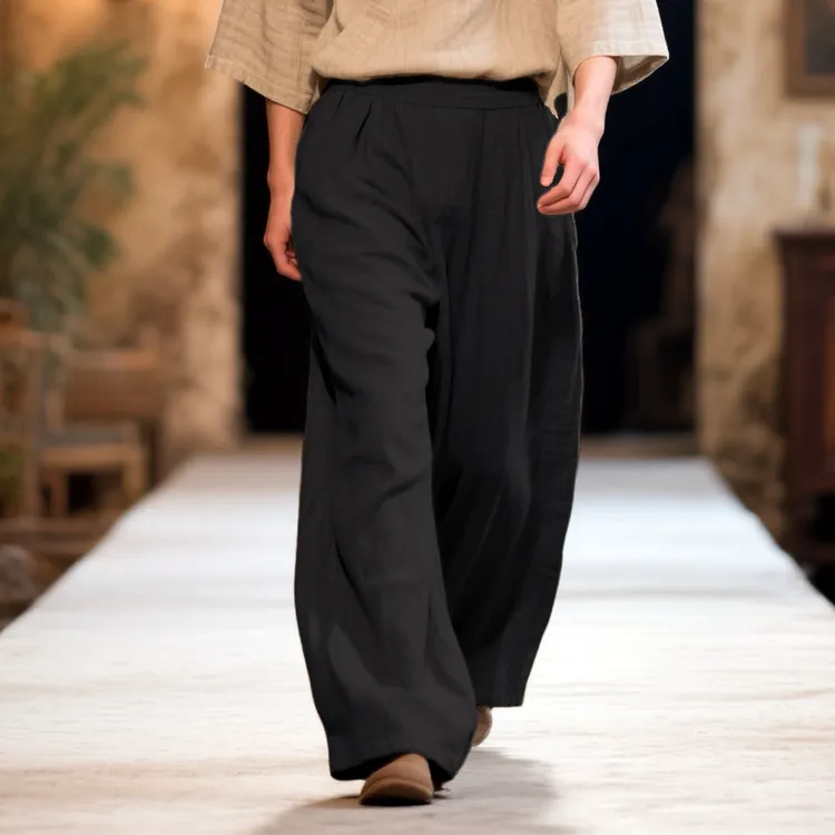 2025男女同款亚麻粘宽松垂感夏季阔腿裤松紧腰休闲透气休闲裤