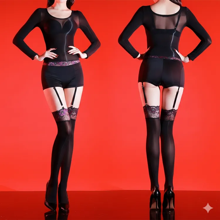 5D油亮连体衣吊带丝袜性感紧身丝滑透视蕾丝一体式全身吊带黑丝袜