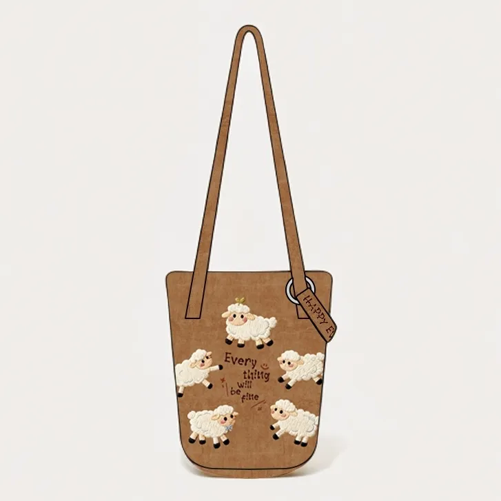 艺术鸭设计师原创刺绣羊气满满水桶包通勤时尚大容量单肩斜跨包女