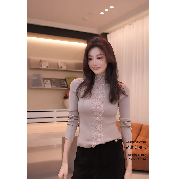 【ALONESAVOR】龍喜儿法式羊毛蕾丝镂空花纹高领针织衫J614
