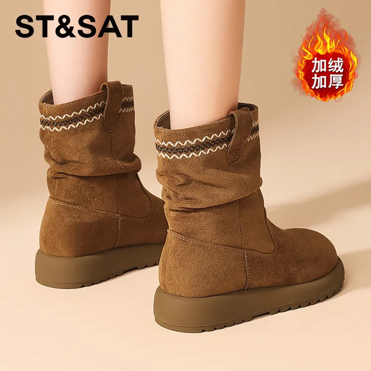 星期六厚底褶皱堆堆靴2025冬季加绒棉靴复古西部靴民族风V口短靴
