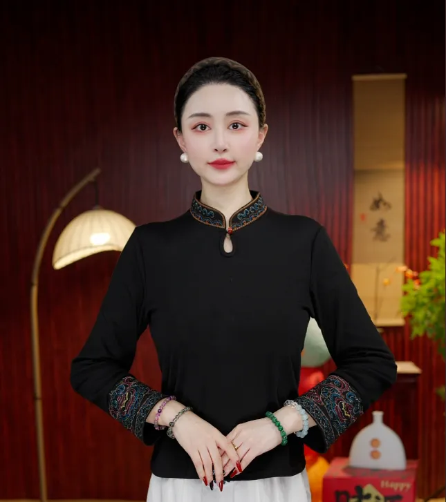 [墨轩] 柒夫人高定新中式刺绣打底衫中国风民族风百搭--蓉蓉
