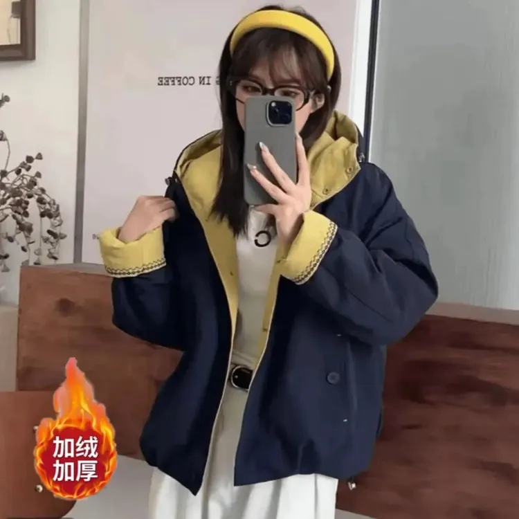 2025加绒冬季宽松韩版连帽加厚派客服外套QK6031