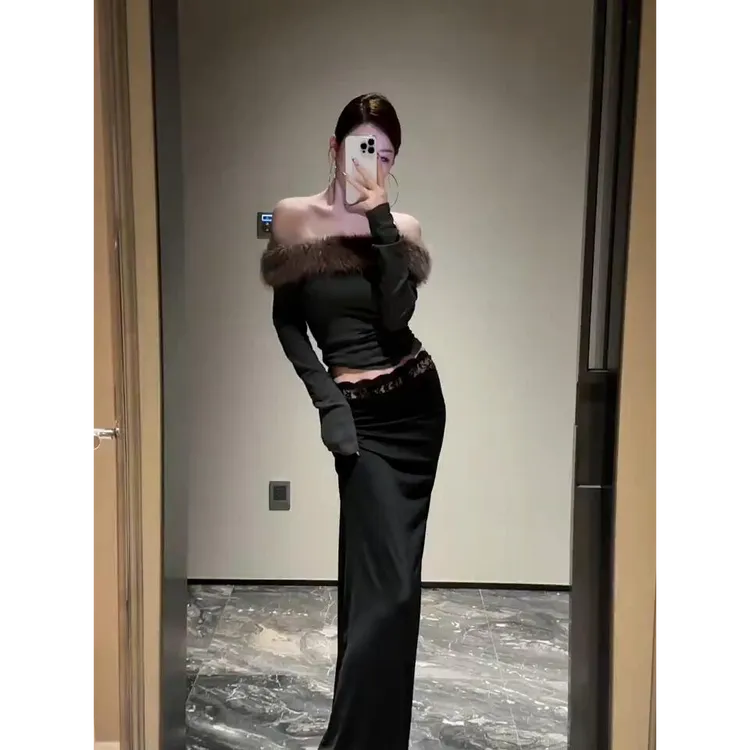 春季新款毛领纯欲辣妹斜肩长袖设计感小众时髦上衣搭半身裙套装女