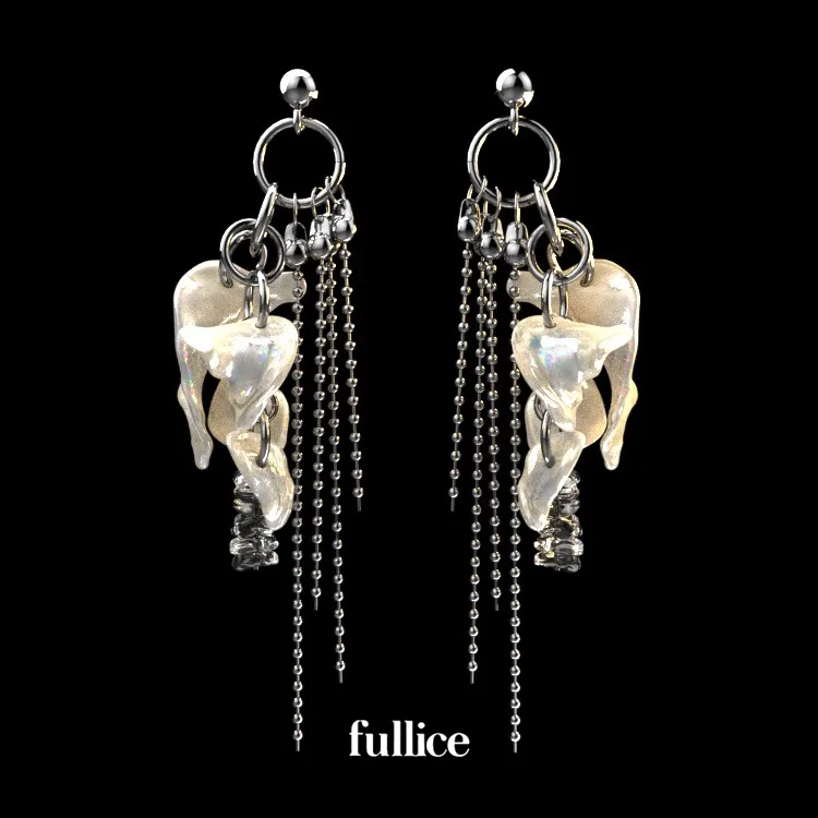 合金耳饰 FULLICESTUDIO月汐原创耳饰清冷天然贝链条流苏夸张耳钉