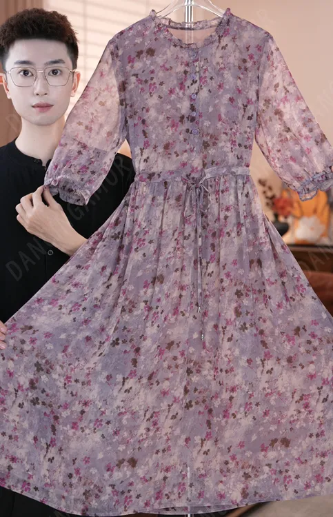 【紫萝清漪】花边立领优雅显瘦碎花真丝连衣裙夏季新款