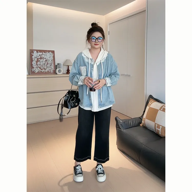 【胖佳佳】现货~佛罗里岛 蕾丝拼接牛仔外套秋季气质百搭H625Z13322