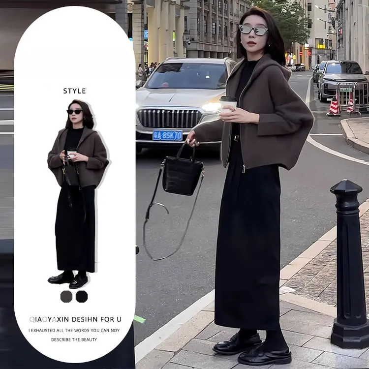 秋季穿搭一整套高级感连帽卫衣外套黑色半身裙又a又飒两件套装女