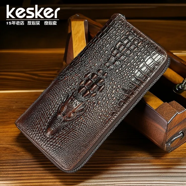 正品男士钱包鳄鱼纹真皮手机包多功能休闲男款卡位长款复古大钞夹