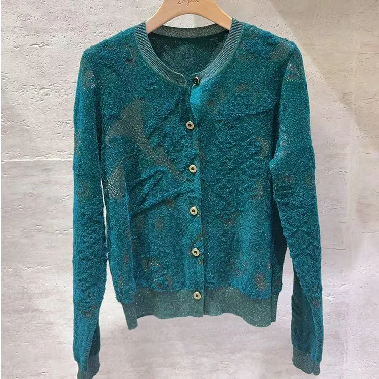 GINAYOLAN/瑾颜【丝绒系列】意大利进口天鹅绒精致提花针织开衫