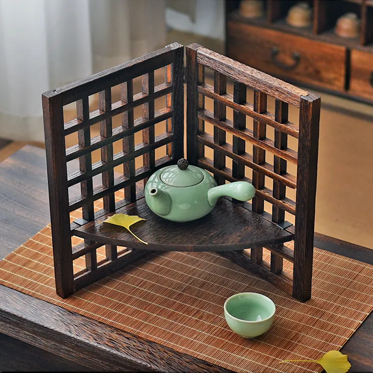 山野茶韵桌面置物架实木可折叠复古小屏风摆件创意中式茶具收纳架