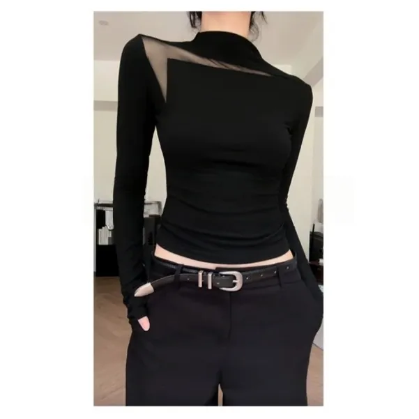 简约镂空网纱小众设计黑色长袖t恤女秋季修身显瘦纯欲感百搭上衣