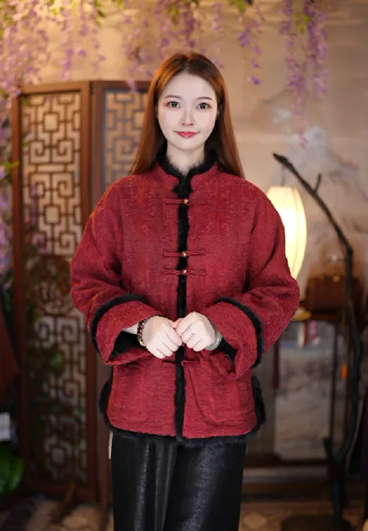 【红饕餮纹吉祥棉衣】100%桑蚕丝油丝填充100%桑蚕丝水貂毛边dz167