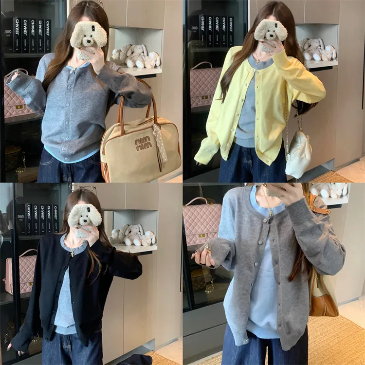 【现货48小时】【撞色穿搭】大码秋冬胖mm叠穿假两件针织开衫毛衣外套