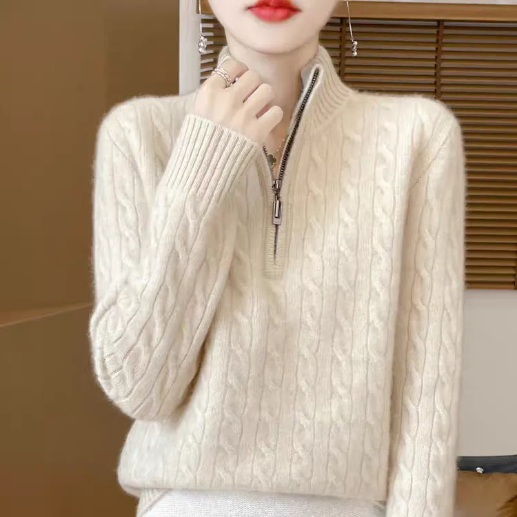 秋冬半开领拉链羊毛衫女宽松麻花长袖毛衣韩版加厚针织衫打底上衣