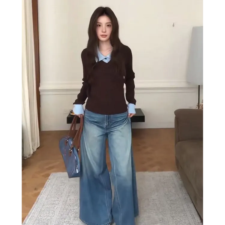 棕色POLO领拼接套头毛衣女冬长袖内搭打底针织衫