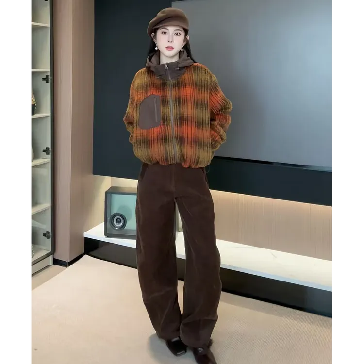 【AS格橘】25新撞色内绗绵羊毛时尚百搭加厚连帽外套AS25DYRF01077