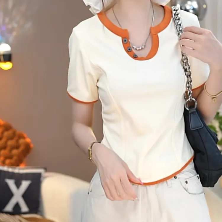 设计感小U领撞色包边修身短袖T恤女2025新款夏季休闲百搭时尚上衣