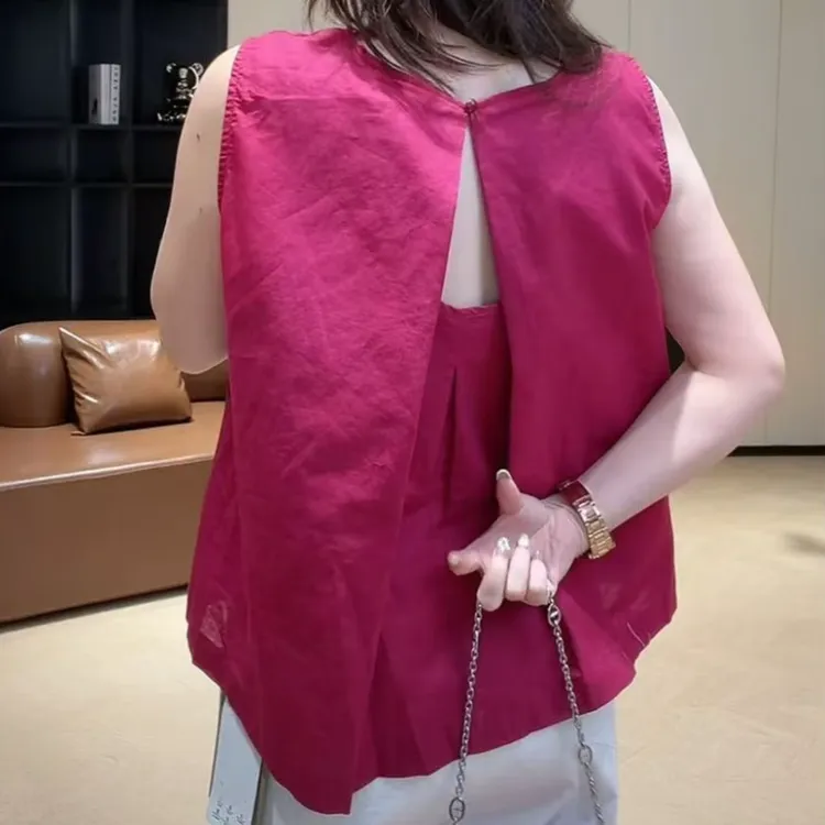 夏季韩版复古气质无袖百搭上衣女2025夏季新款圆领上衣时尚设计感