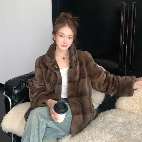 横排水貂外套奢华网红冬季气质设计师休闲短款立领百搭宽松皮草
