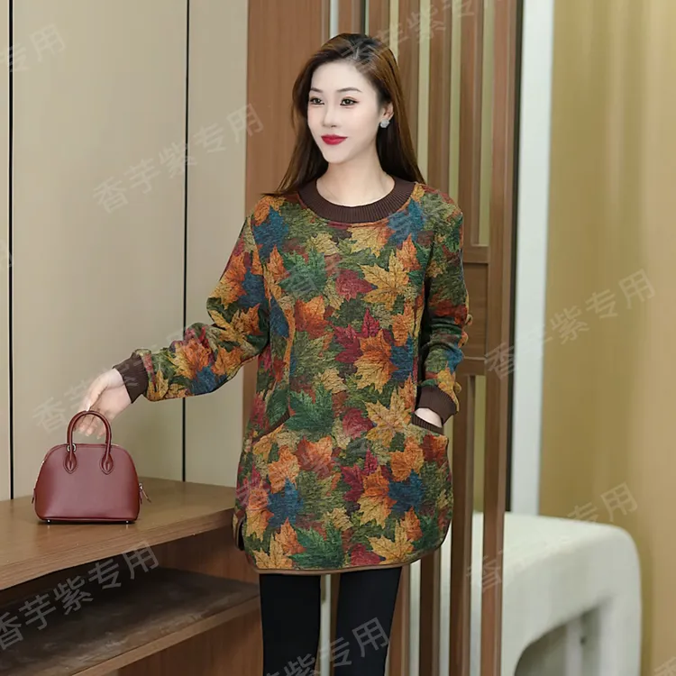 原装正品中长款休闲风加绒加厚中老年女装针织圆领秋冬百搭气质