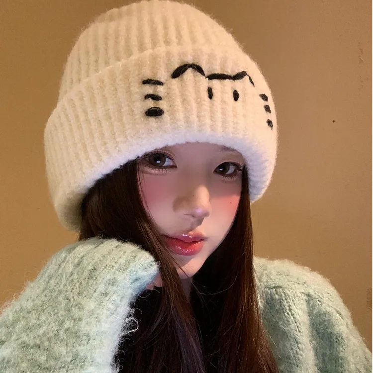 秋冬针织帽女帽子线条小猫针织帽冷帽加厚针织情侣保暖帽子韩版