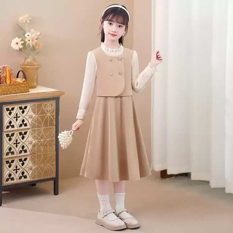 女童春秋连衣裙2025新款洋气长袖儿童公主裙春季裙子中大童假两件