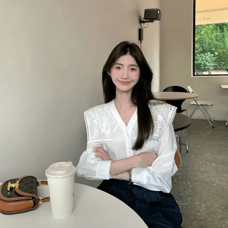 2025秋季新款韩系设计感高级感百搭翻领镂空花边长袖衬衫上衣女款