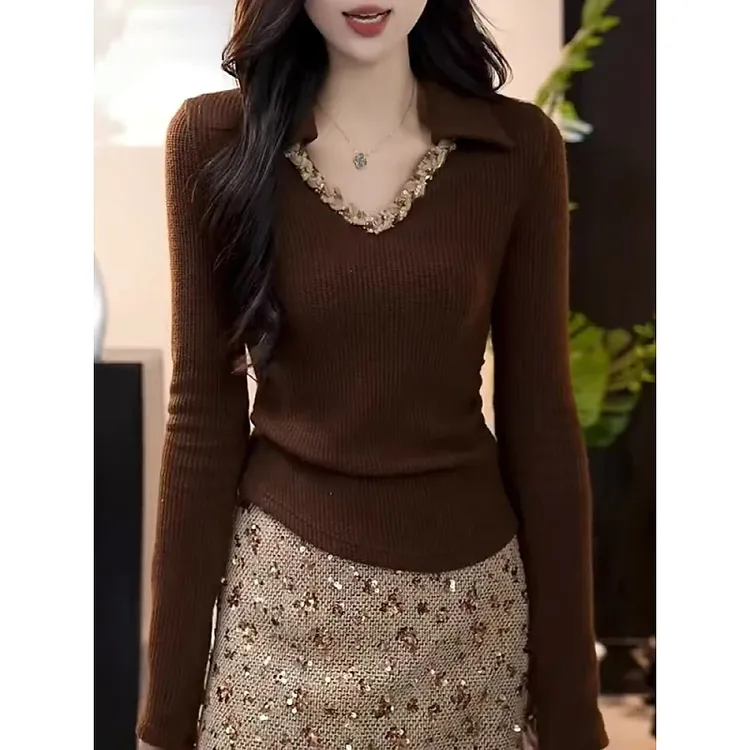 大码小香风V领轻奢针织衫女秋冬新款高级感时尚洋气显瘦长袖上衣