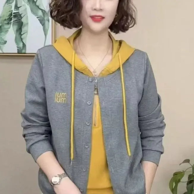 春秋新款时尚女装假两件连帽卫衣女士洋气休闲妈妈装长袖开衫上衣