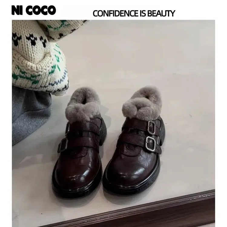 牛皮版~英伦风皮带扣厚底毛毛鞋女复古加绒乐福鞋冬季新款小皮鞋