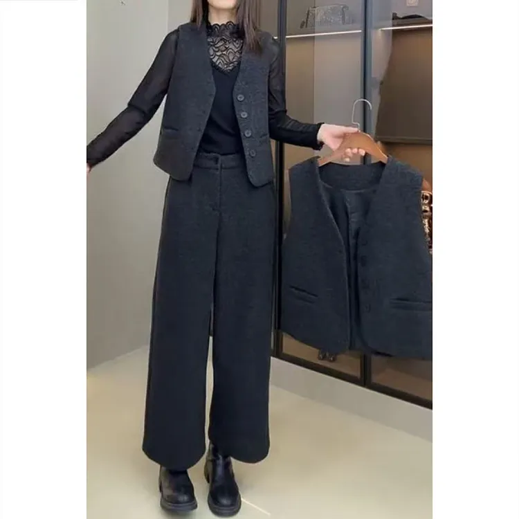 艾塔莉秋季毛呢子时尚套装气质显瘦马甲直筒裤休闲裤厚款女装秋冬
