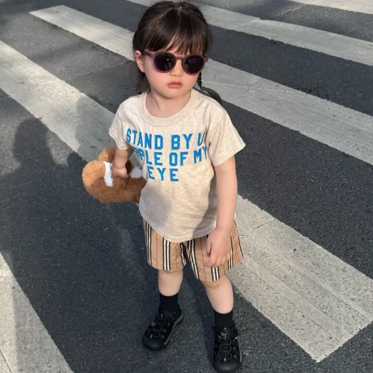 小思25夏季新款男女宝休闲百搭套装宽松圆领短袖T恤条纹五分短裤