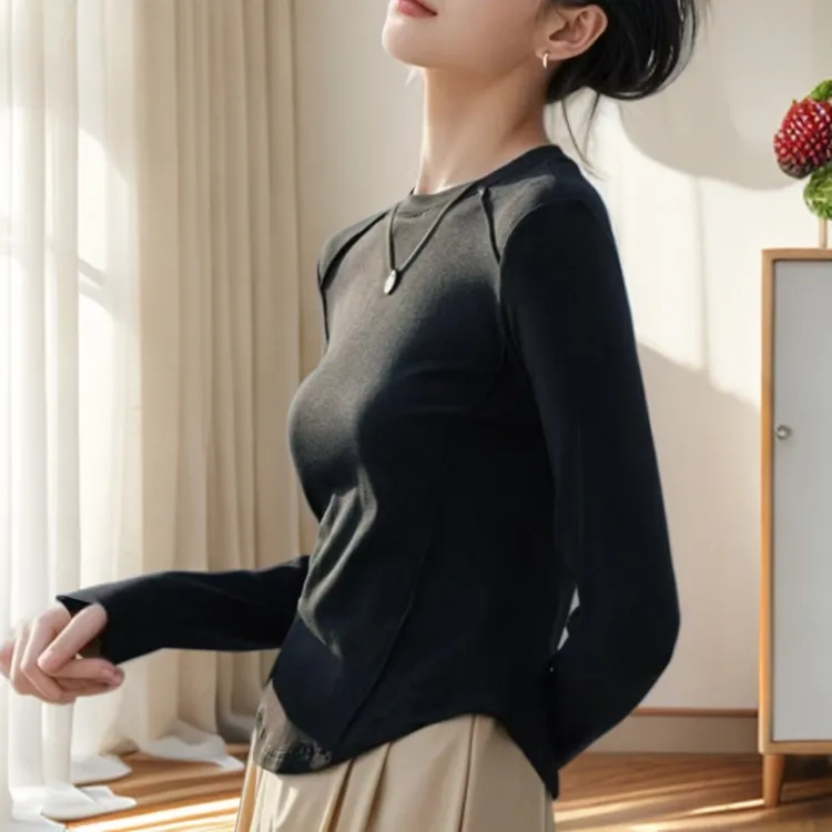 鱼骨线女士麒麟糯米绒气质保暖长袖打底衫修身百搭时尚圆领秋冬