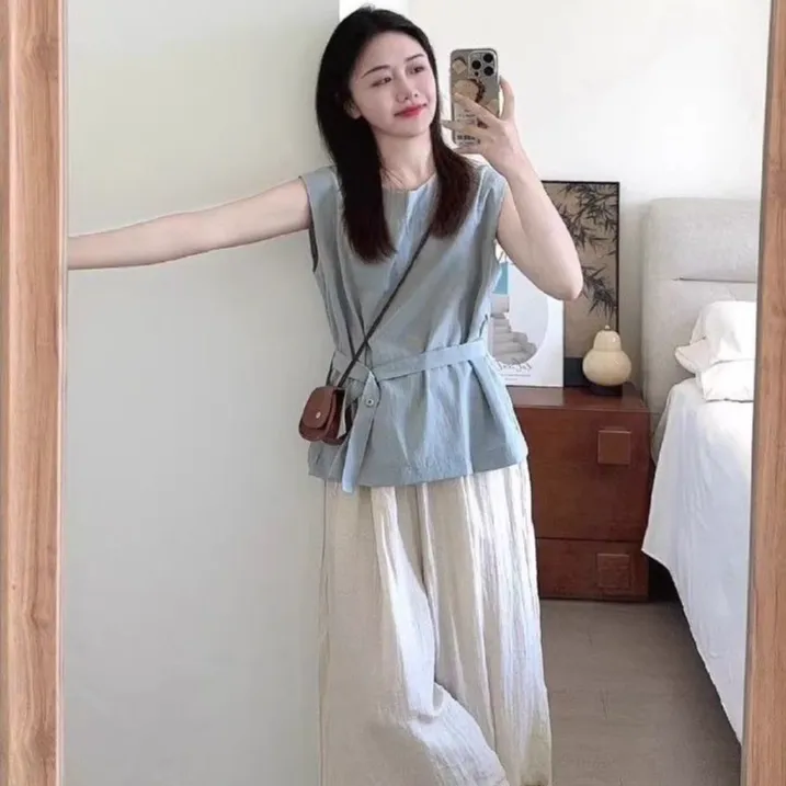 2025夏季新款圆领无袖宽松显瘦系带收腰上衣韩系慵懒风减龄衬衫女