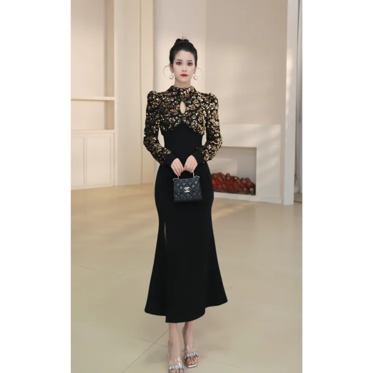 【希希定制/91447】轻奢气质优雅亮片高级感显瘦修身复古开叉连衣裙