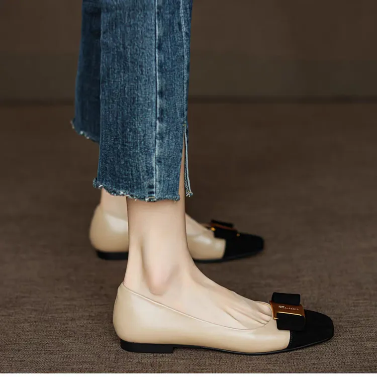 真皮断码清仓小香风单鞋女平底2025年春秋季新款方头拼色浅口女鞋