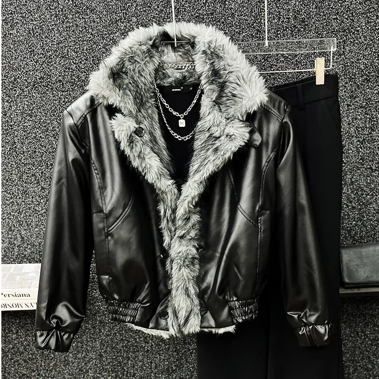 基卢艾劳男士冬季新款轻奢毛领加厚外套男时尚短款两面穿加绒夹克