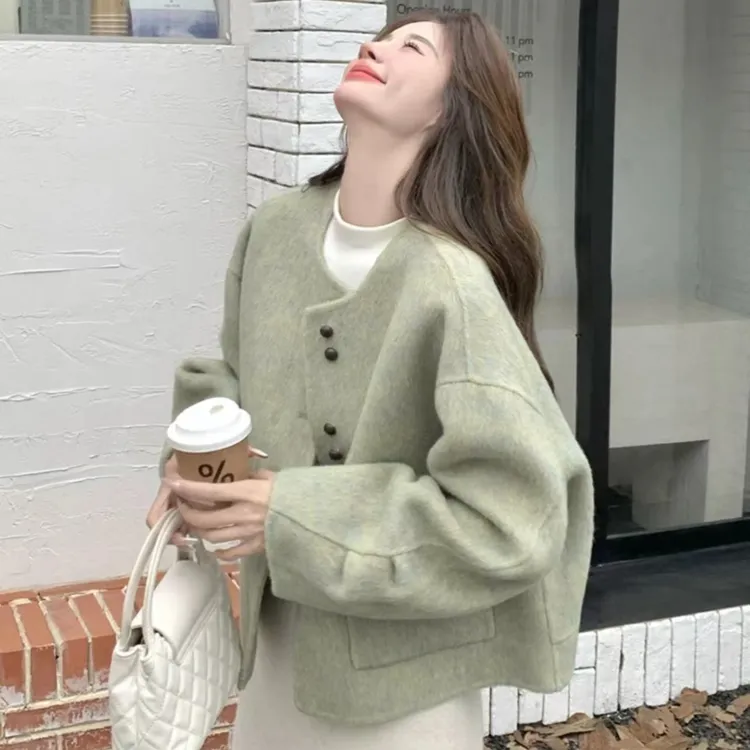 双面呢时尚韩系春秋手工短款大方外套百搭小个子秋冬小香风