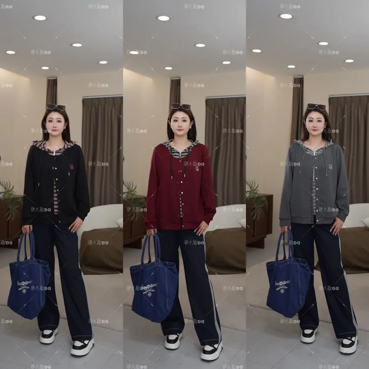 【秋款上新】PMM82151秋季新款时尚显瘦连帽假两件大码女装卫衣