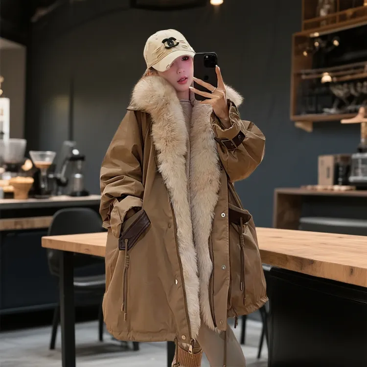 海宁仿狐狸毛高端女装环保皮草千金中长款外套鸭绒90派克服零下20