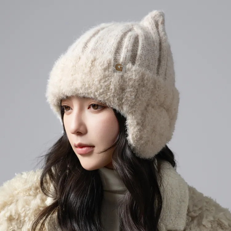 日系猫耳朵毛线帽子女秋冬韩版百搭保暖可爱针织帽加厚护耳套头帽