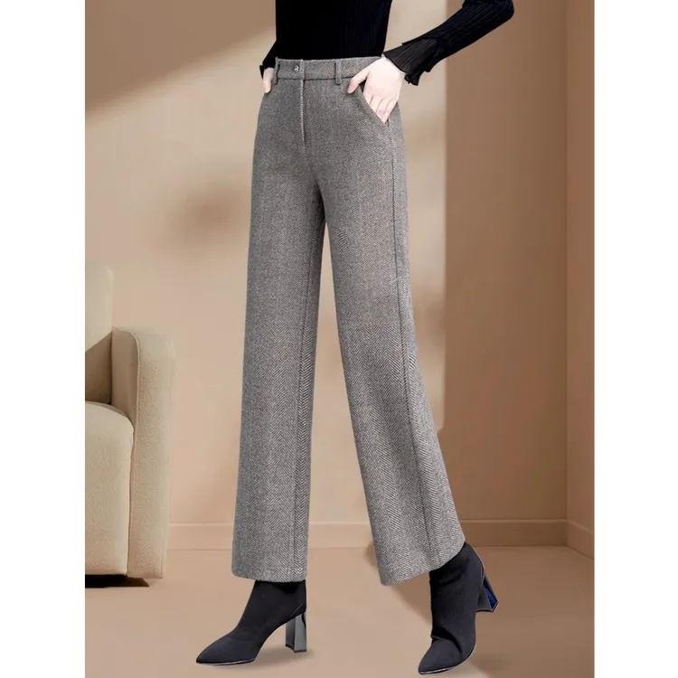 小个子窄版毛呢阔腿裤女春秋冬2025新款加绒高腰中年女士新款裤子