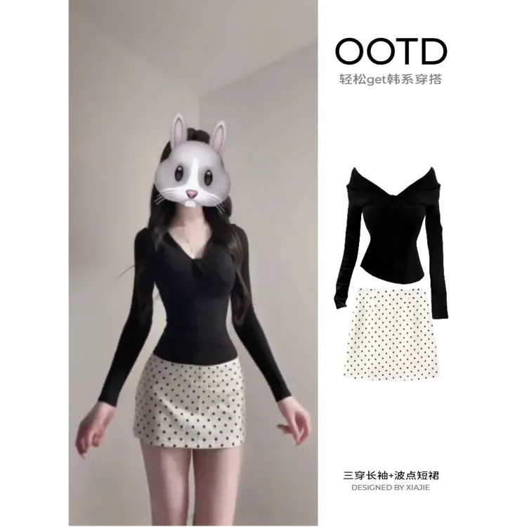 三穿长袖上衣+波点半身裙女款一整套miu系早秋韩系穿搭绝美甜妹
